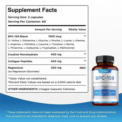 BPC-159 Peptide Capsules - Creatine Monohydrate and Collagen Peptides, Post-Workout Recovery, Bone and Joint Support, Magenisum
