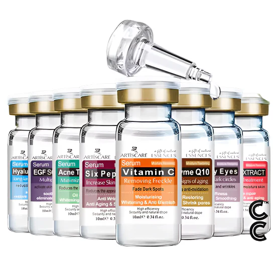 Anti Aging Peptides | Serum for Face (8 vials per order) for Moisturising Hyaluron Acid Vitamin C Six Peptide Q10 VC Facial Essence Skin Care